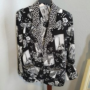 Vintage blazer Eiffel Tower Paris roses travel B&W print crepe OOAK